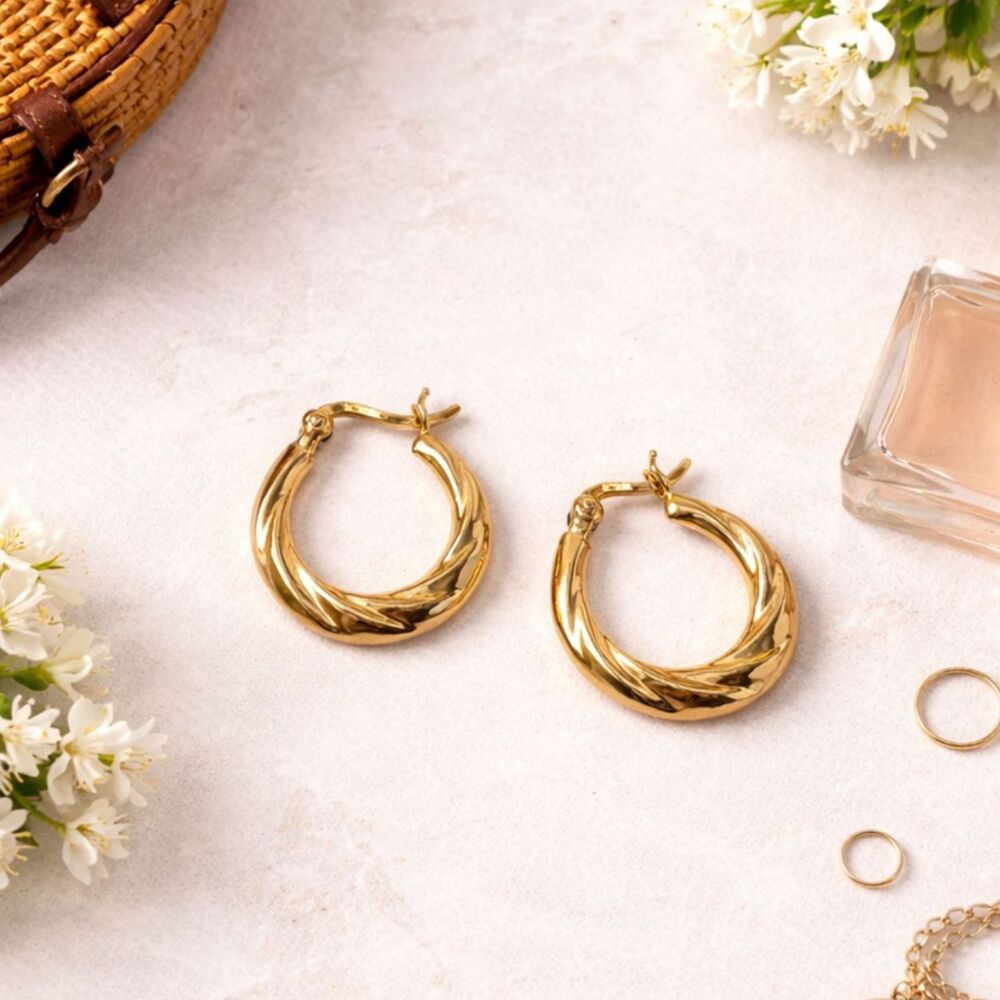 Sterling Vermeil Ridged Hoop Earrings 925 Gold Tone 3/4"
